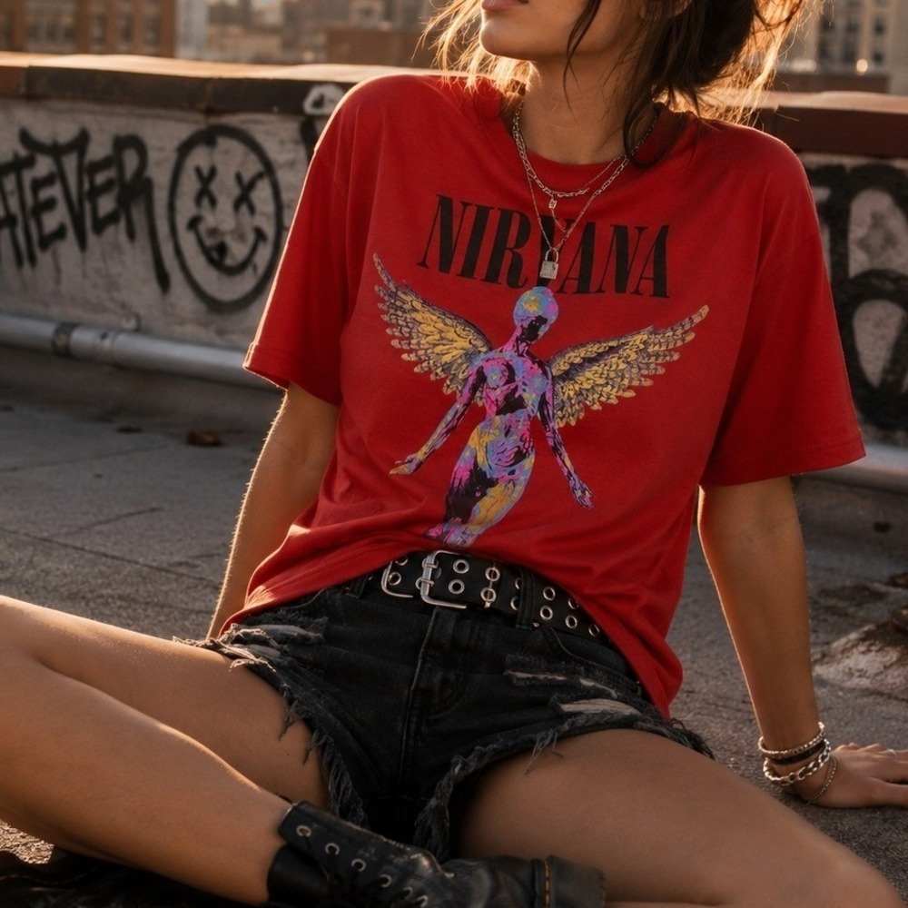 Nirvana In Utero Angel Graphic Band Tee Red XS Grunge Rock Shirt Grunge Y2K 90s